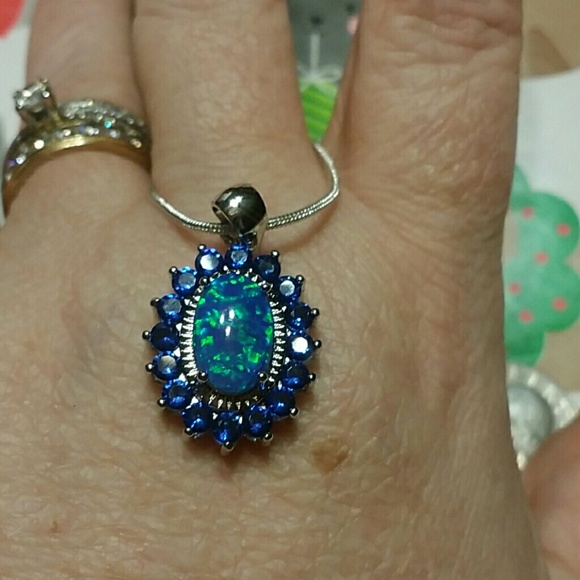 SOLD Created Blue Fire and Sapphire Halo Necklace - Picture 3 of 5
